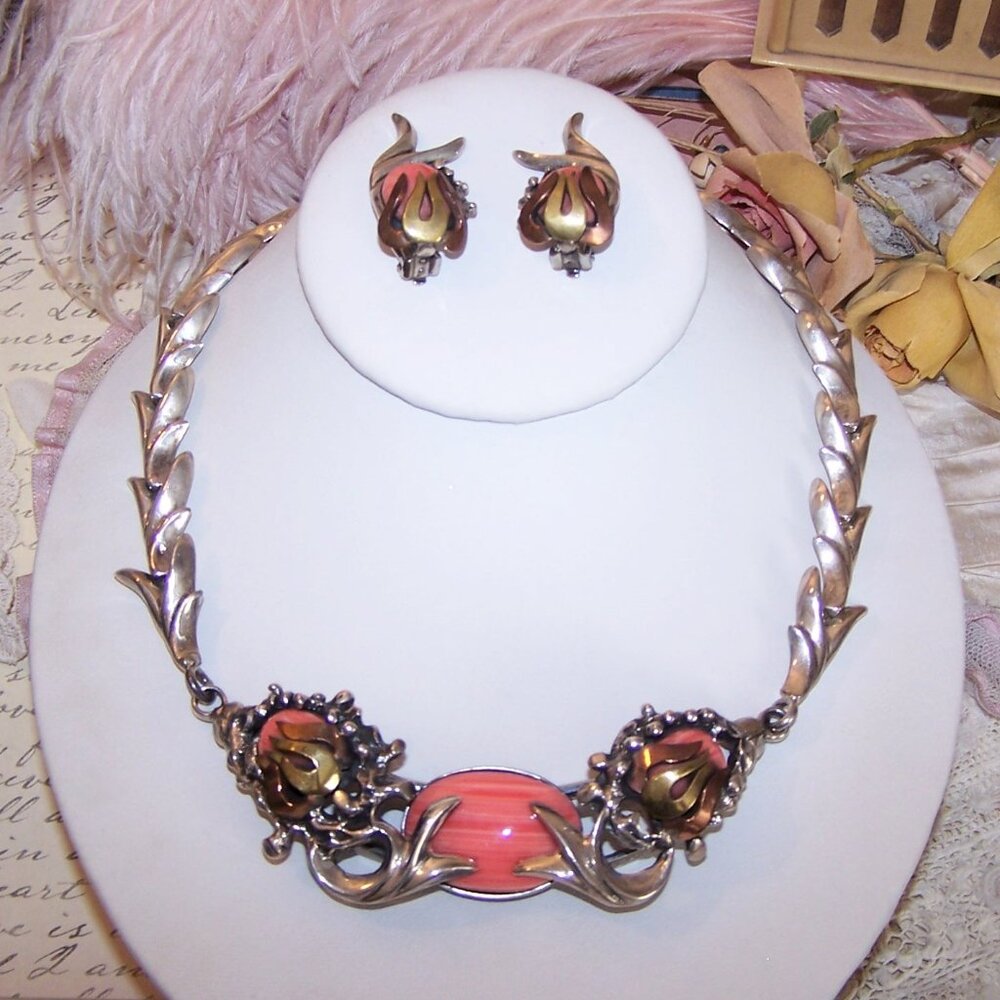Made in Mexico Mexican 950 Silver and Pink Rhodochrosite Necklace/Clip Earrings - Picture 1 of 13